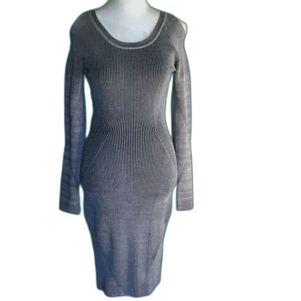 BEBE Dress Wm Sz Sm Blk/Wht Knit figure hugging bodycon Long Slve Shoulder Holes